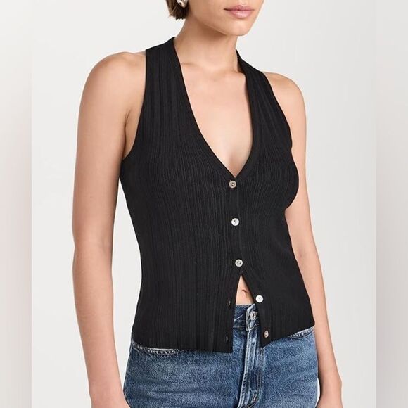 VINCE WOMEN'S ITALIAN COTTON-BLEND BUTTON V-NECK TANK TOP Size Medium | Black - Picture 10 of 10